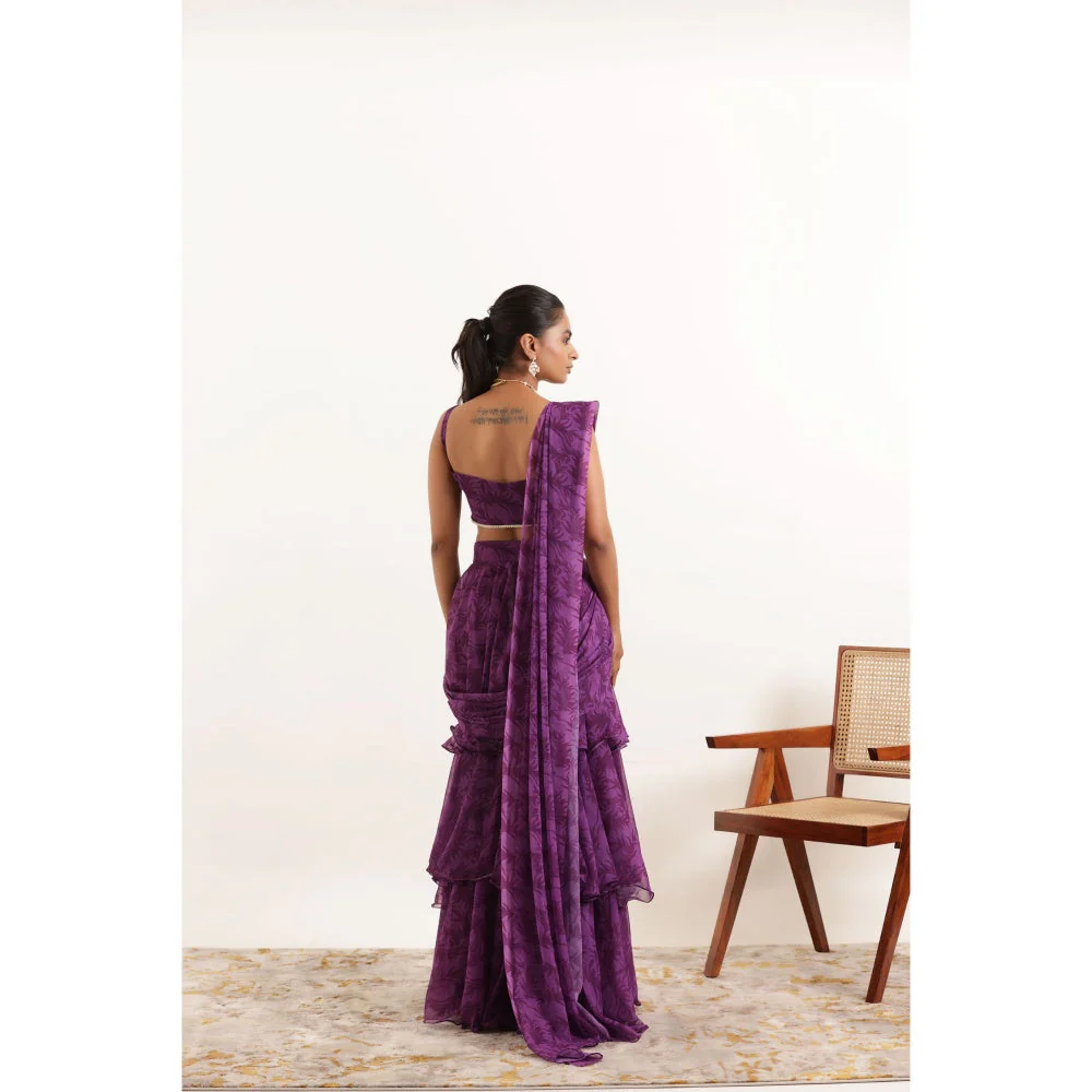 DEASHA INDIA Aalia Purple Printed Ruffle Pre Drape Saree and Stitched Blouse - Image 2
