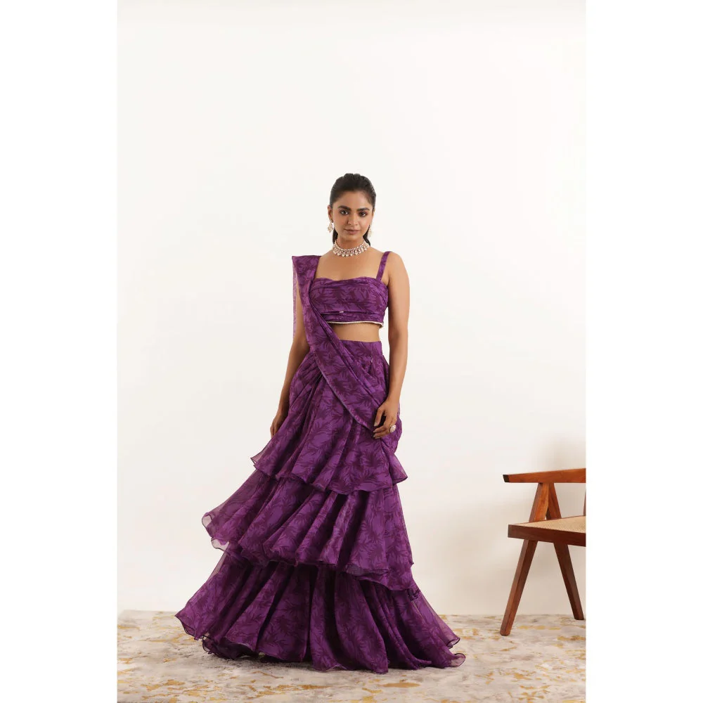 DEASHA INDIA Aalia Purple Printed Ruffle Pre Drape Saree and Stitched Blouse - Image 3