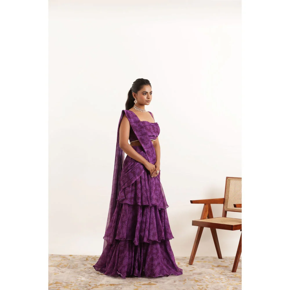 DEASHA INDIA Aalia Purple Printed Ruffle Pre Drape Saree and Stitched Blouse - Image 4
