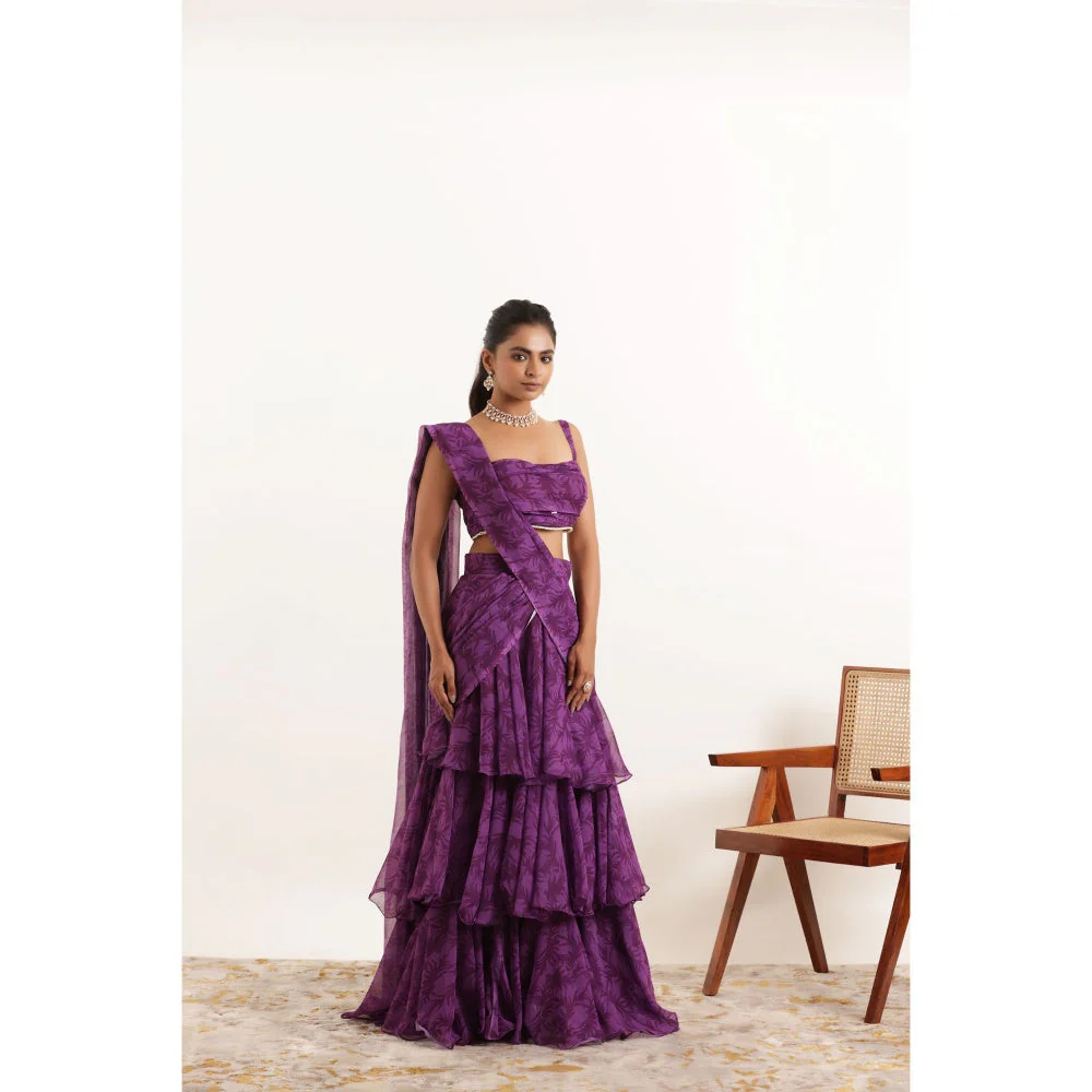 DEASHA INDIA Aalia Purple Printed Ruffle Pre Drape Saree and Stitched Blouse - Image 5