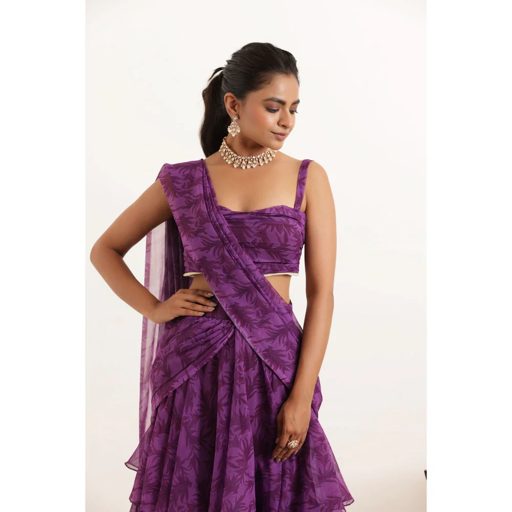 DEASHA INDIA Aalia Purple Printed Ruffle Pre Drape Saree and Stitched Blouse - Image 6