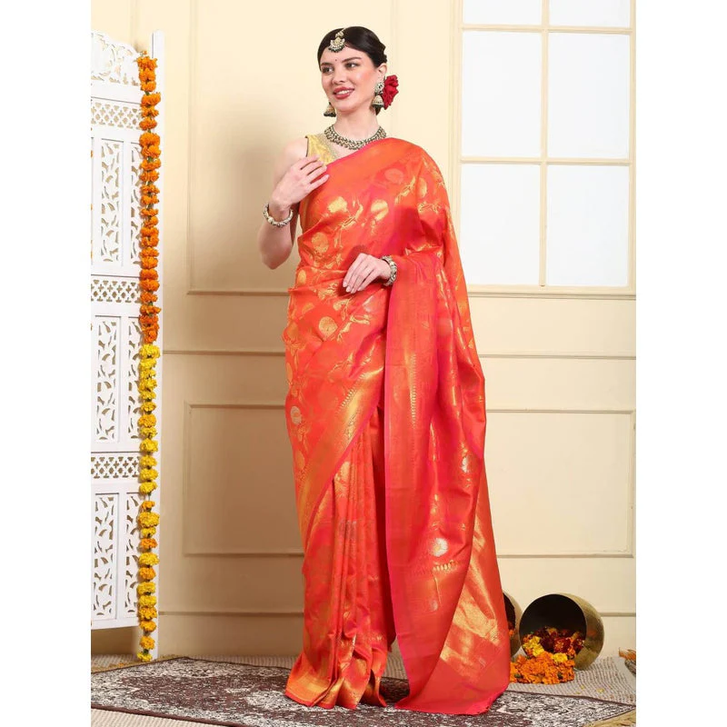Dress & Dazzle Flame Orange Banarasi Silk Saree with Unstitched Blouse - Image 2