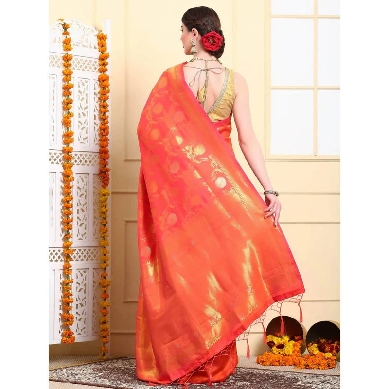 Dress & Dazzle Flame Orange Banarasi Silk Saree with Unstitched Blouse - Image 3