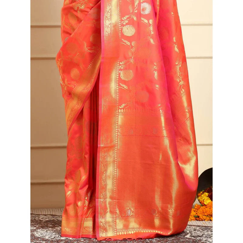 Dress & Dazzle Flame Orange Banarasi Silk Saree with Unstitched Blouse - Image 4