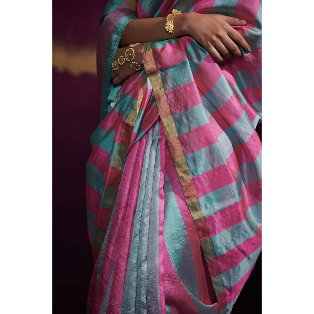 Dressfolk Aqua and Pink Thick Striped Saree without Blouse - Image 4