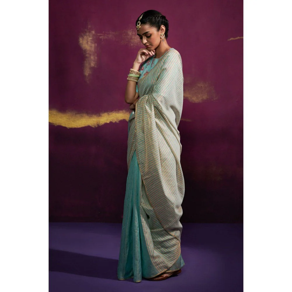 Dressfolk Aqua Color Tissue Saree with Peach Stripes In Anchal and Palla Area without Blouse - Image 2