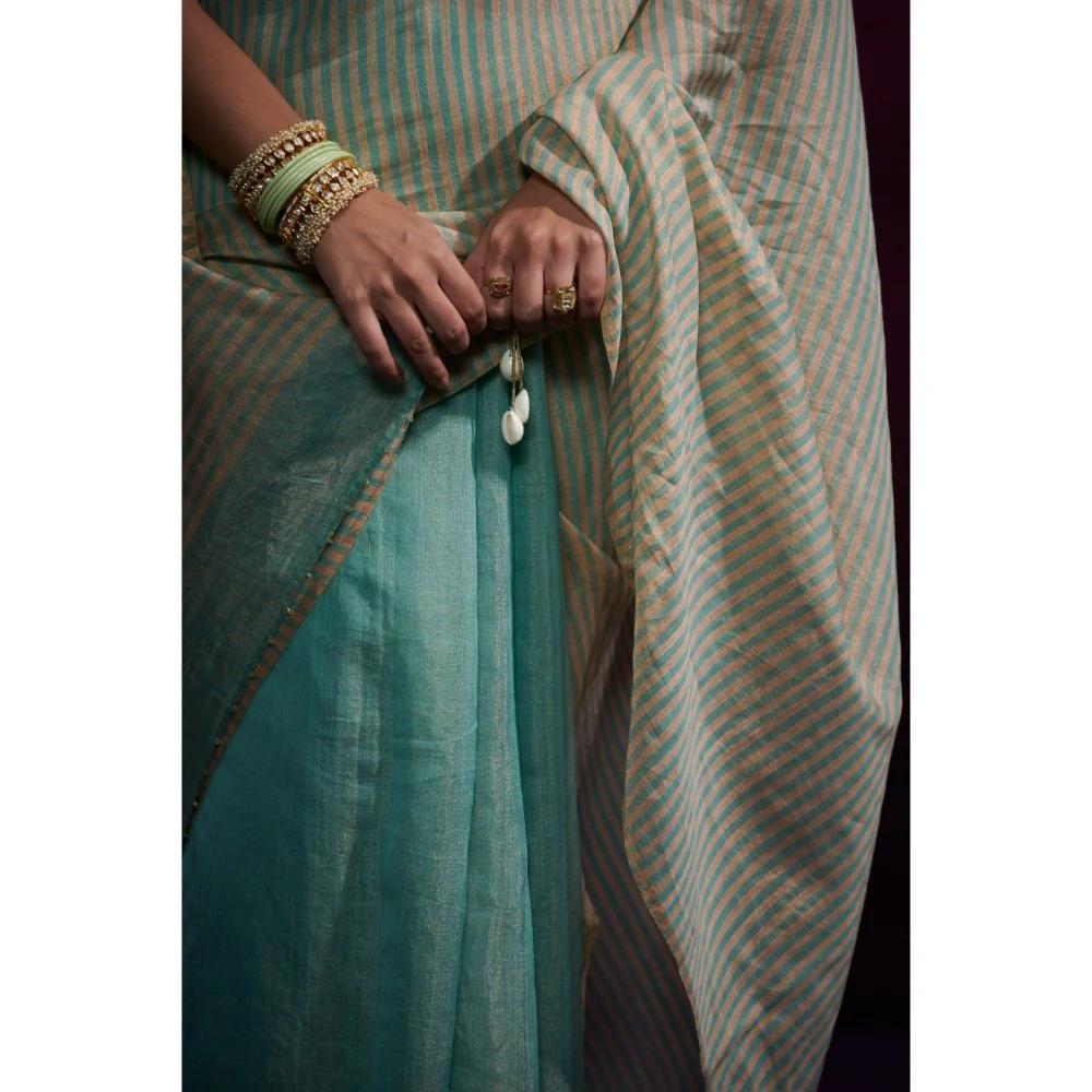 Dressfolk Aqua Color Tissue Saree with Peach Stripes In Anchal and Palla Area without Blouse - Image 4