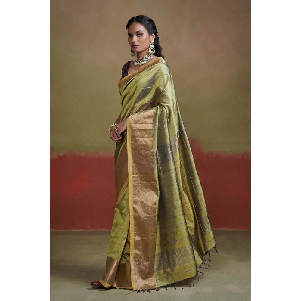 Dressfolk Green Chanderi Silk Saree with Zari Stripes without Blouse - Image 3