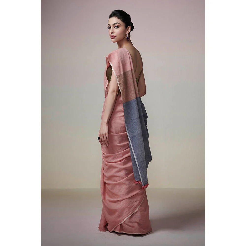 Dressfolk Handwoven Earthy Pink with Light Brown & Blue Palla Handloom 100% Cotton Saree with Tassel - Image 2