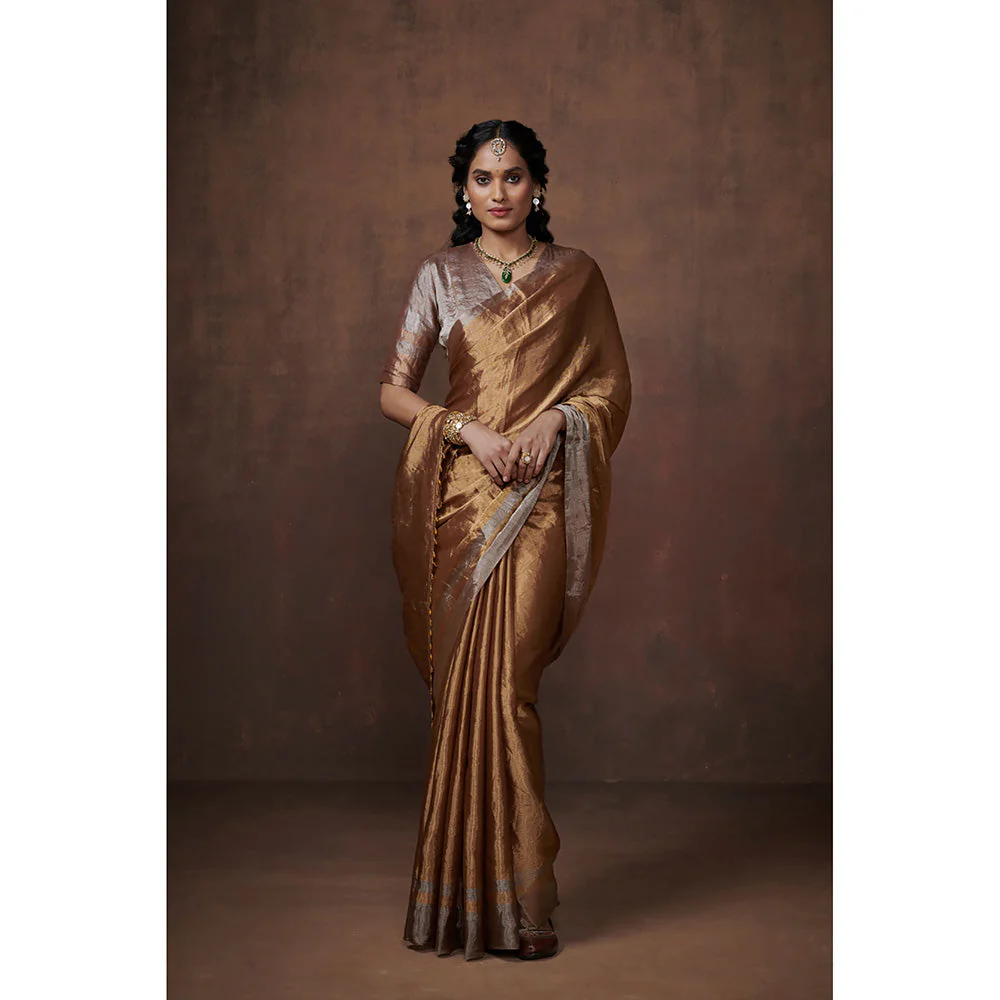 Dressfolk Handwoven Gold Metallic Zari with Silver border Glass Beads Edge Tissue Saree with Blouse