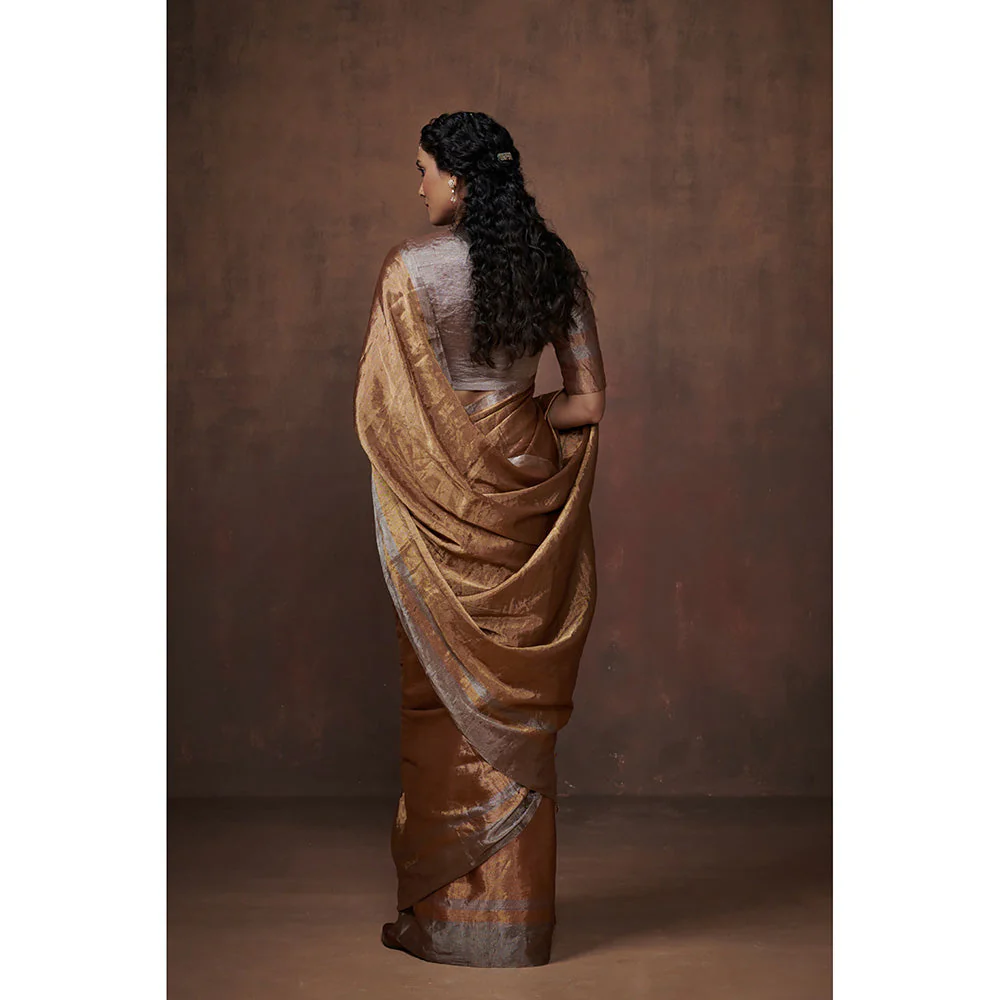 Dressfolk Handwoven Gold Metallic Zari with Silver border Glass Beads Edge Tissue Saree with Blouse - Image 2