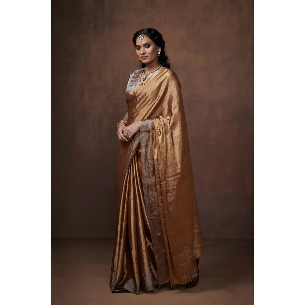 Dressfolk Handwoven Gold Metallic Zari with Silver border Glass Beads Edge Tissue Saree with Blouse - Image 3