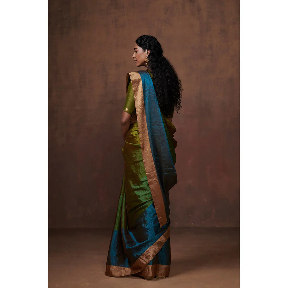 Dressfolk Handwoven Green & Olive with Bright Firozi Blue Zari in Border Tissue Saree with Blouse - Image 2