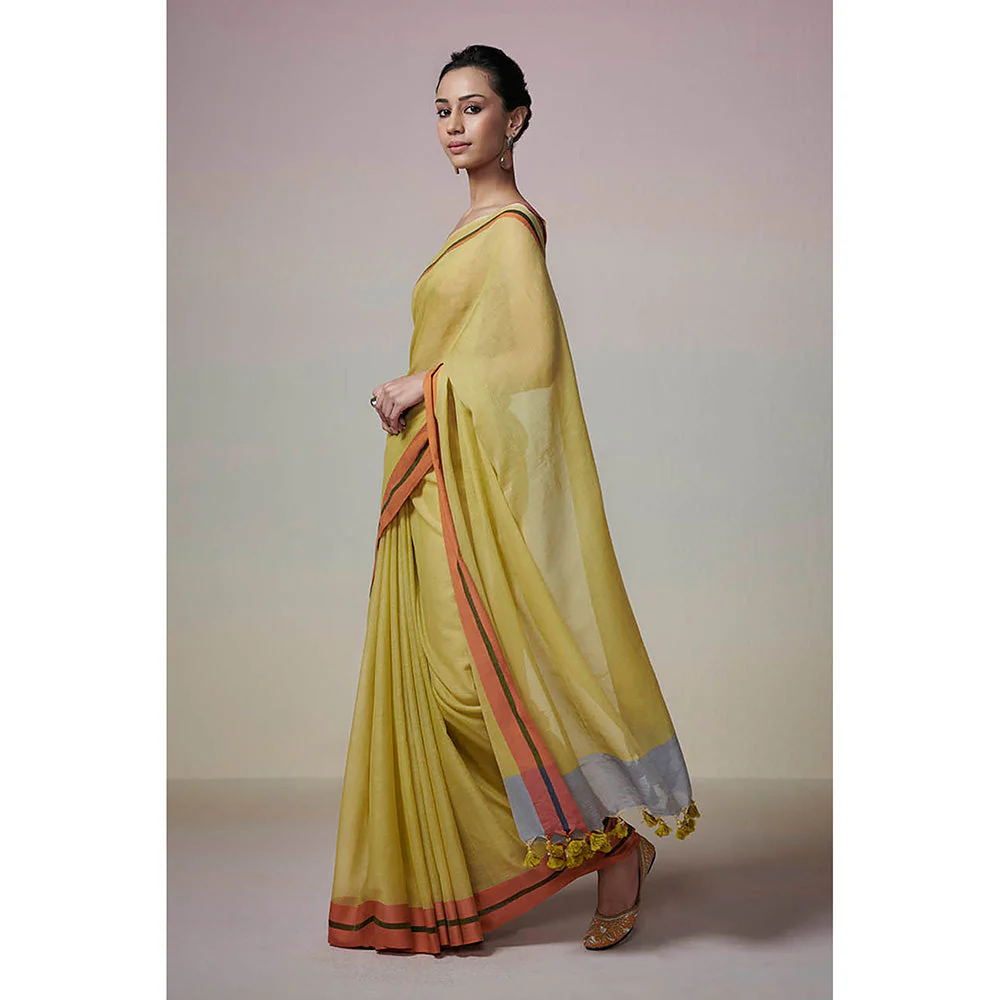 Dressfolk Handwoven Lime Green and Orange Border with Tassel Handloom 100% Pure Cotton Saree - Image 3