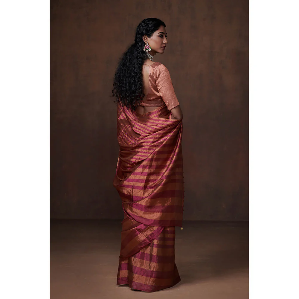 Dressfolk Handwoven Magenta & Copper Stripes Tissue Saree & Glass Beads Metal Charm with Blouse - Image 2