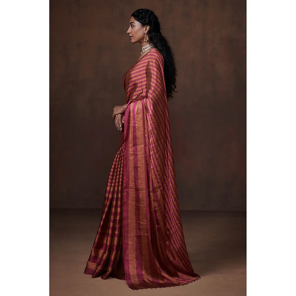 Dressfolk Handwoven Magenta & Copper Stripes Tissue Saree & Glass Beads Metal Charm with Blouse - Image 3