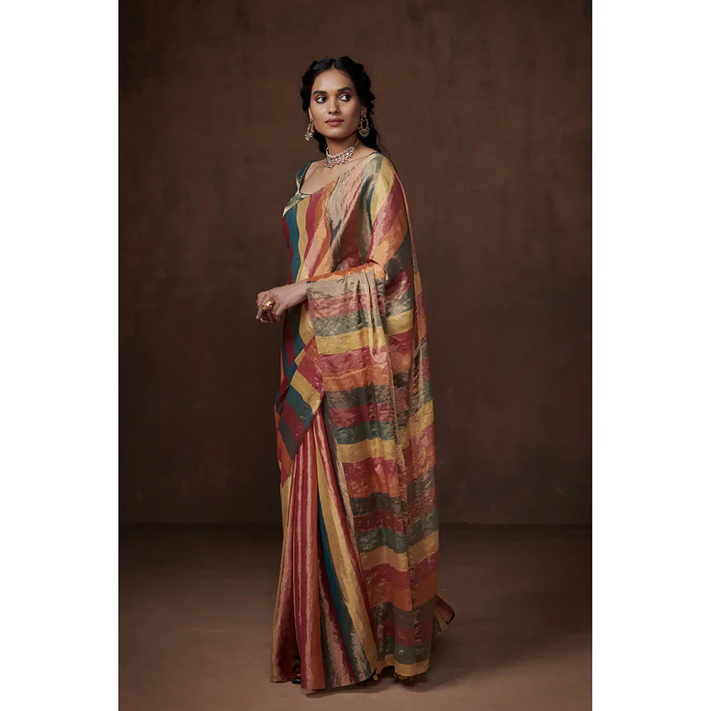 Dressfolk Handwoven Multi-Colour Zari Stripes Tissue Saree having Glass Beads Detail with Blouse - Image 3