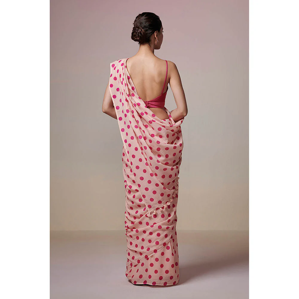 Dressfolk Handwoven Peach with Digitially Printed Fuschia Pink Polka Dots Handloom 100% Cotton Saree - Image 2