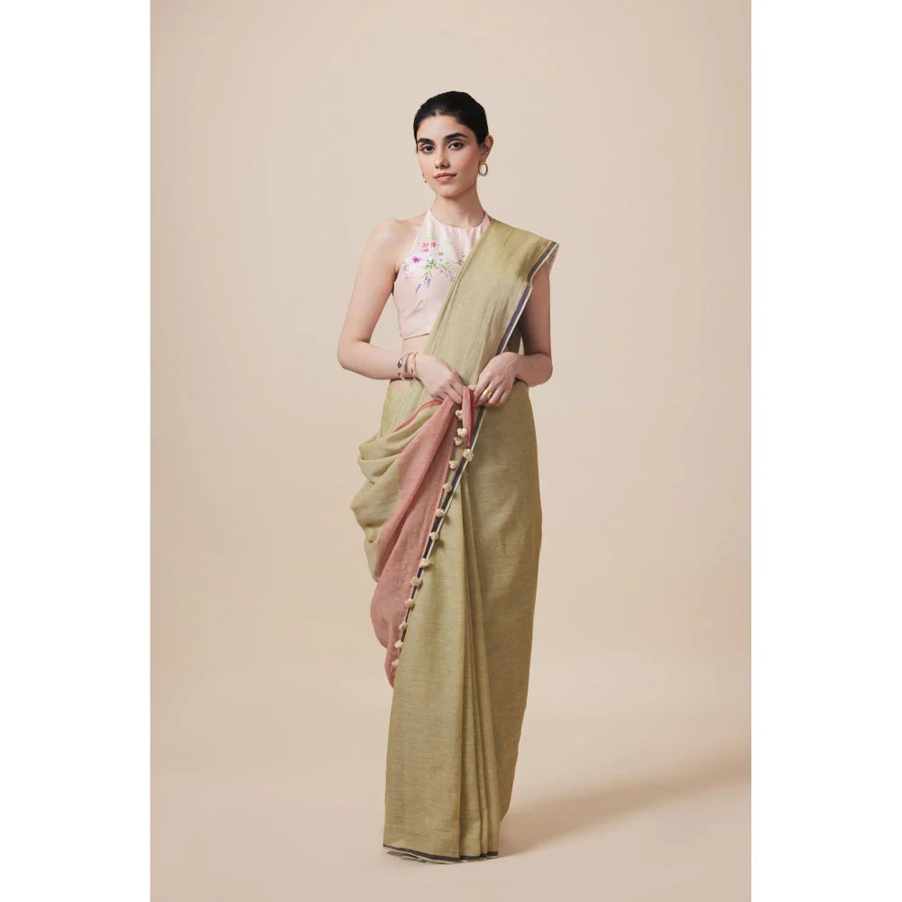 Dressfolk Handwoven Pure Cotton Olive Saree With Unstitched Blouse