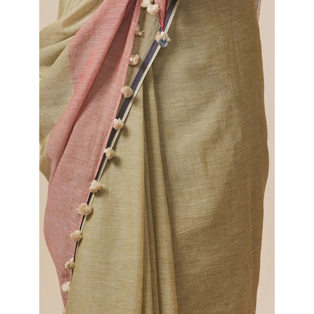 Dressfolk Handwoven Pure Cotton Olive Saree With Unstitched Blouse - Image 6