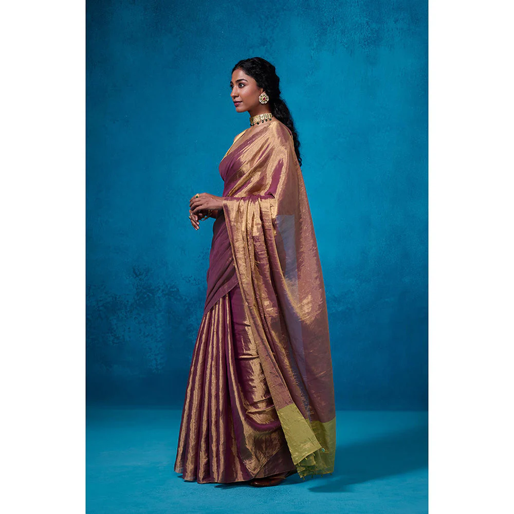 Dressfolk Handwoven Tissue Maroon Silver Zari Green Saree With Matching Unstitched Blouse - Image 3