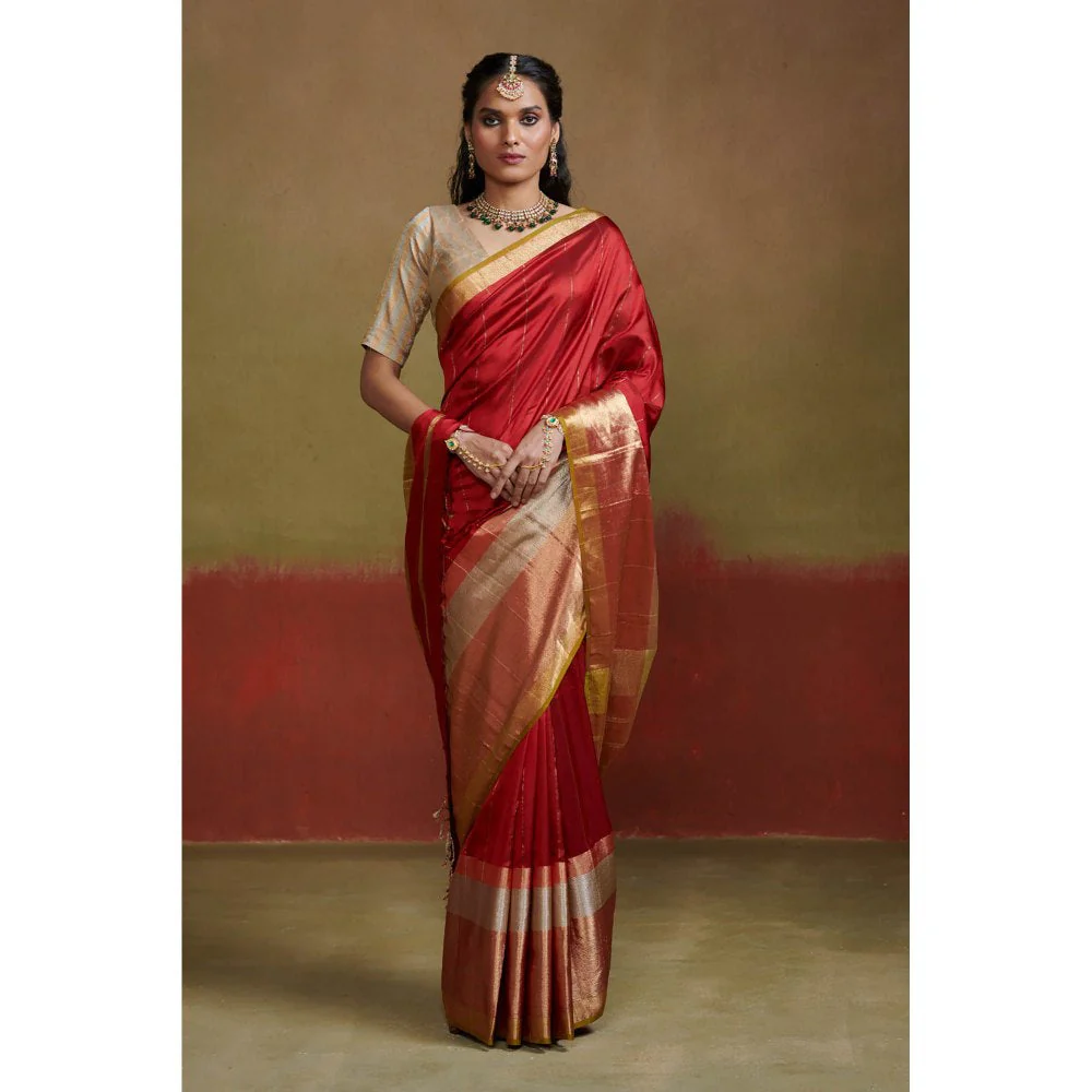 Dressfolk Heavy Weight Red Handloom Silk Saree without Blouse