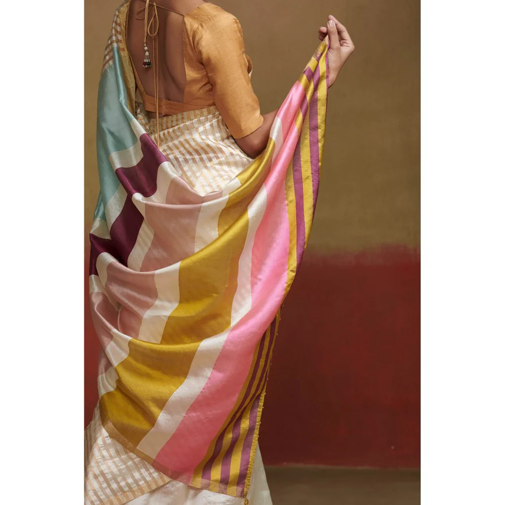 Dressfolk Ivory Handloom Silk Saree with Colourful Stripes without Blouse - Image 4