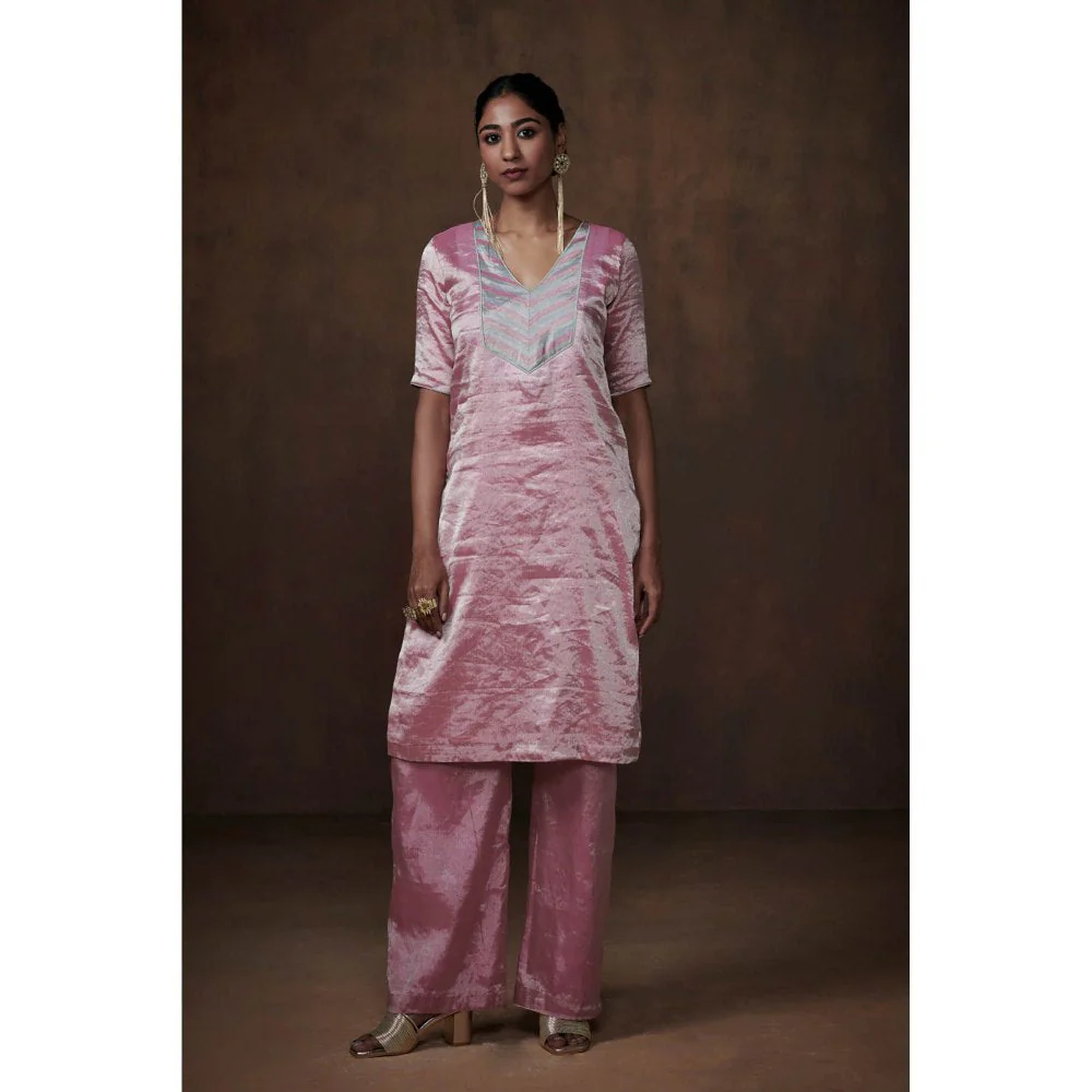 Dressfolk Metallic Pink Tissue Kurta Handwoven Chanderi Elegance (Set of 3) - Image 4