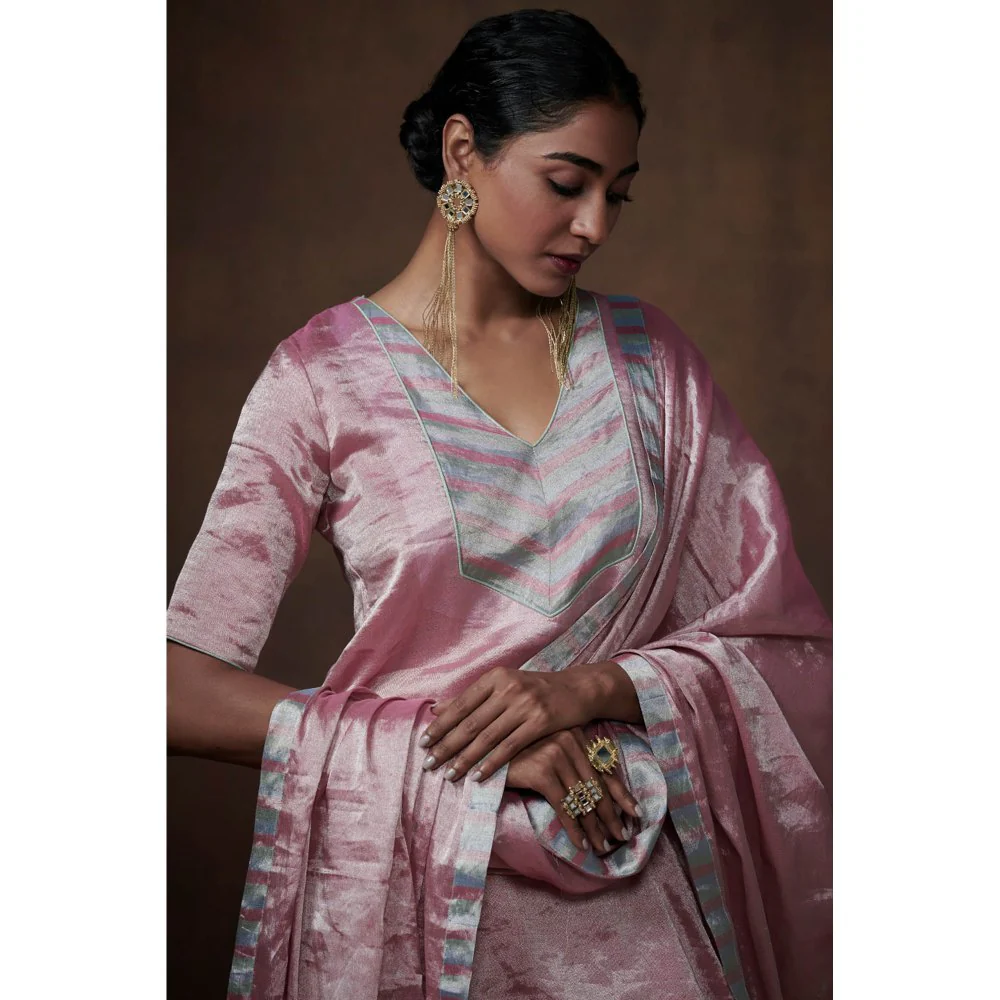 Dressfolk Metallic Pink Tissue Kurta Handwoven Chanderi Elegance (Set of 3) - Image 7