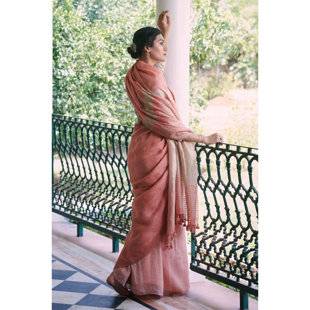 Dressfolk Pink handwoven saree with silver zari - Image 2
