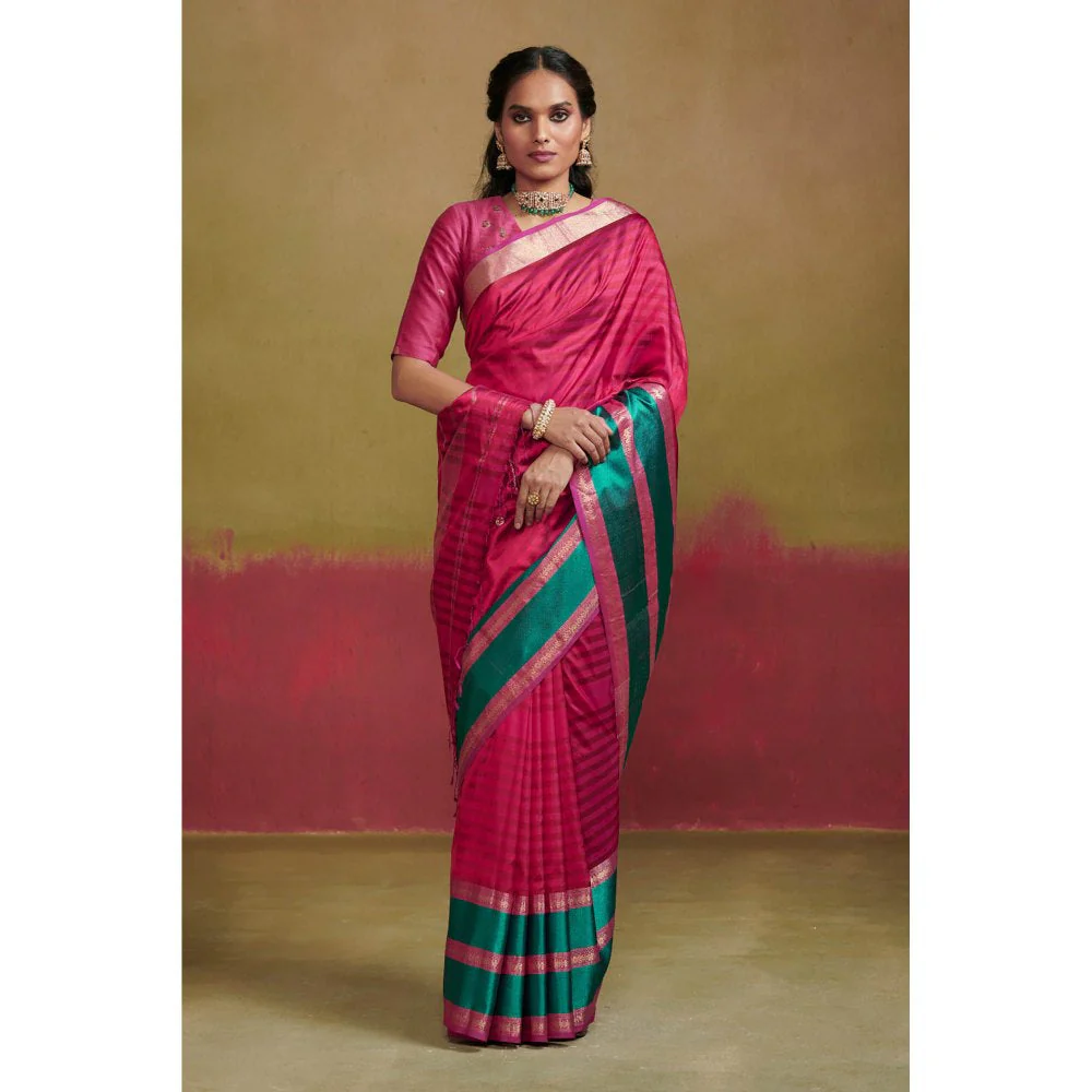 Dressfolk Pink Maheshwar Heavy Weight Silk Saree without Blouse