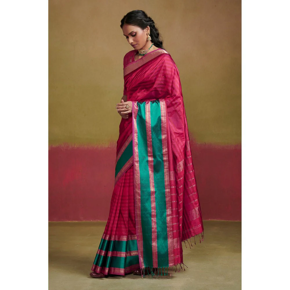 Dressfolk Pink Maheshwar Heavy Weight Silk Saree without Blouse - Image 3