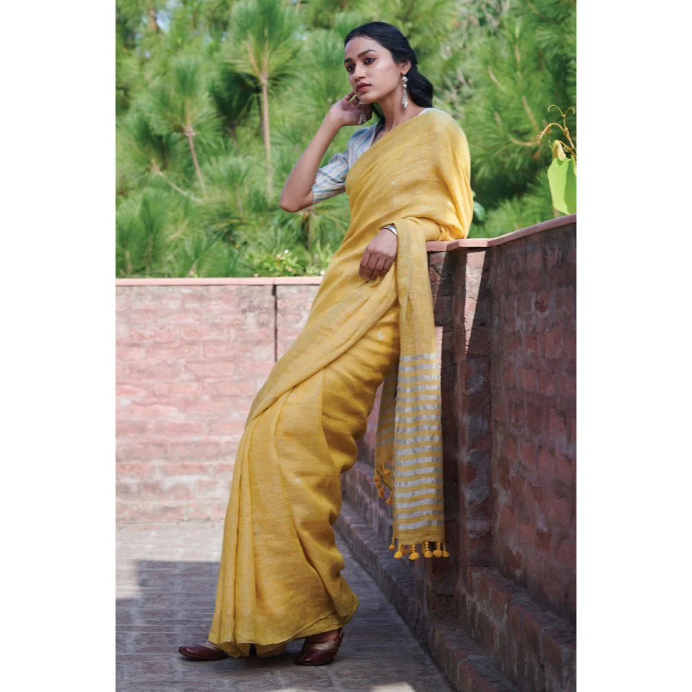 Dressfolk Sunkissed yellow handwoven linen saree - Image 3