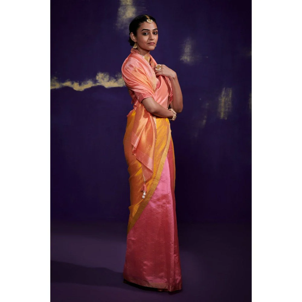 Dressfolk Tricolor Saree with Pink Color Skirt Area Followed By Yellow and Peach without Blouse - Image 2