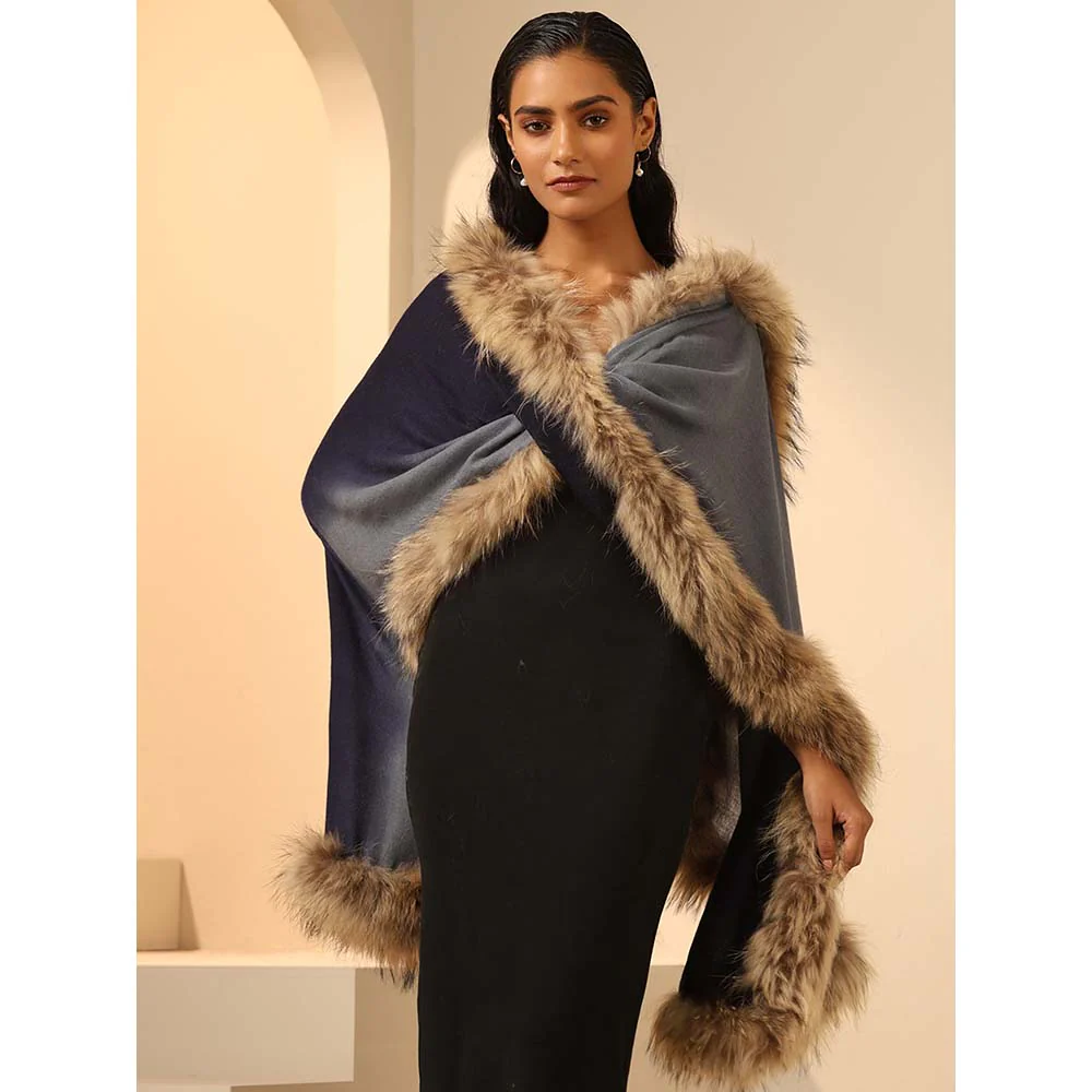 Dusala India Blue Nyla Cashmere Fur Stole - Image 3