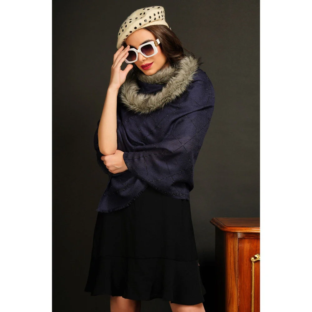 Dusala India Fur Collar with Stone Work Pashmina Navy Blue Stole - Image 3