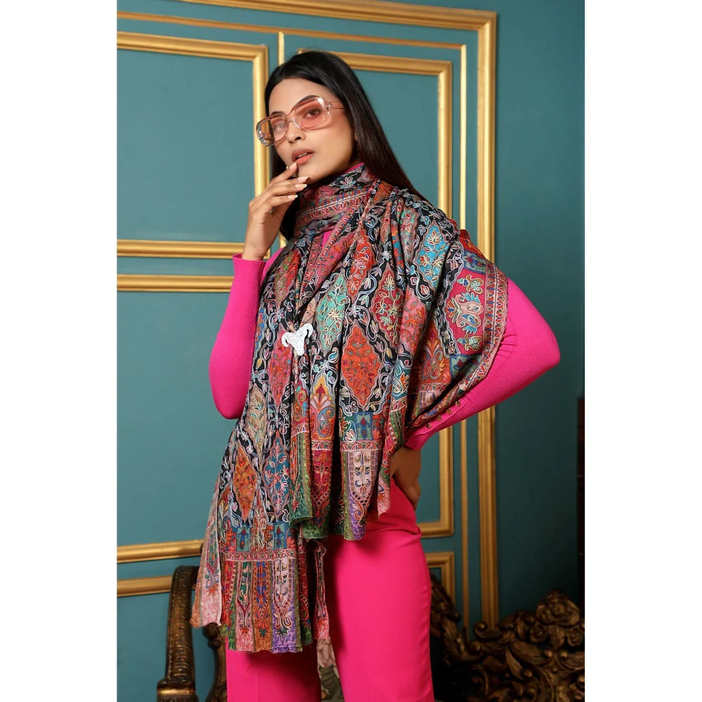 Dusala India Handwoven Pashmina Wool Kalamkari Design Shawl - Image 3