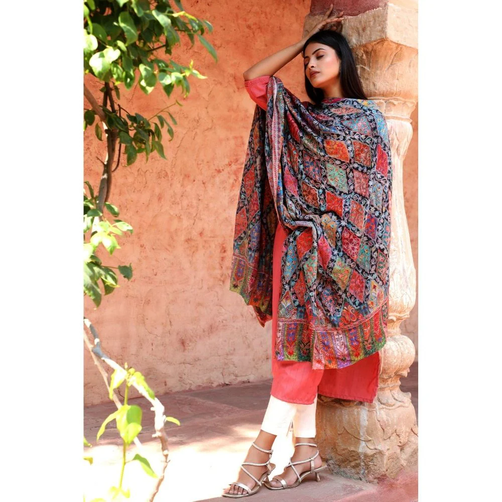 Dusala India Handwoven Pashmina Wool Kalamkari Design Shawl - Image 6