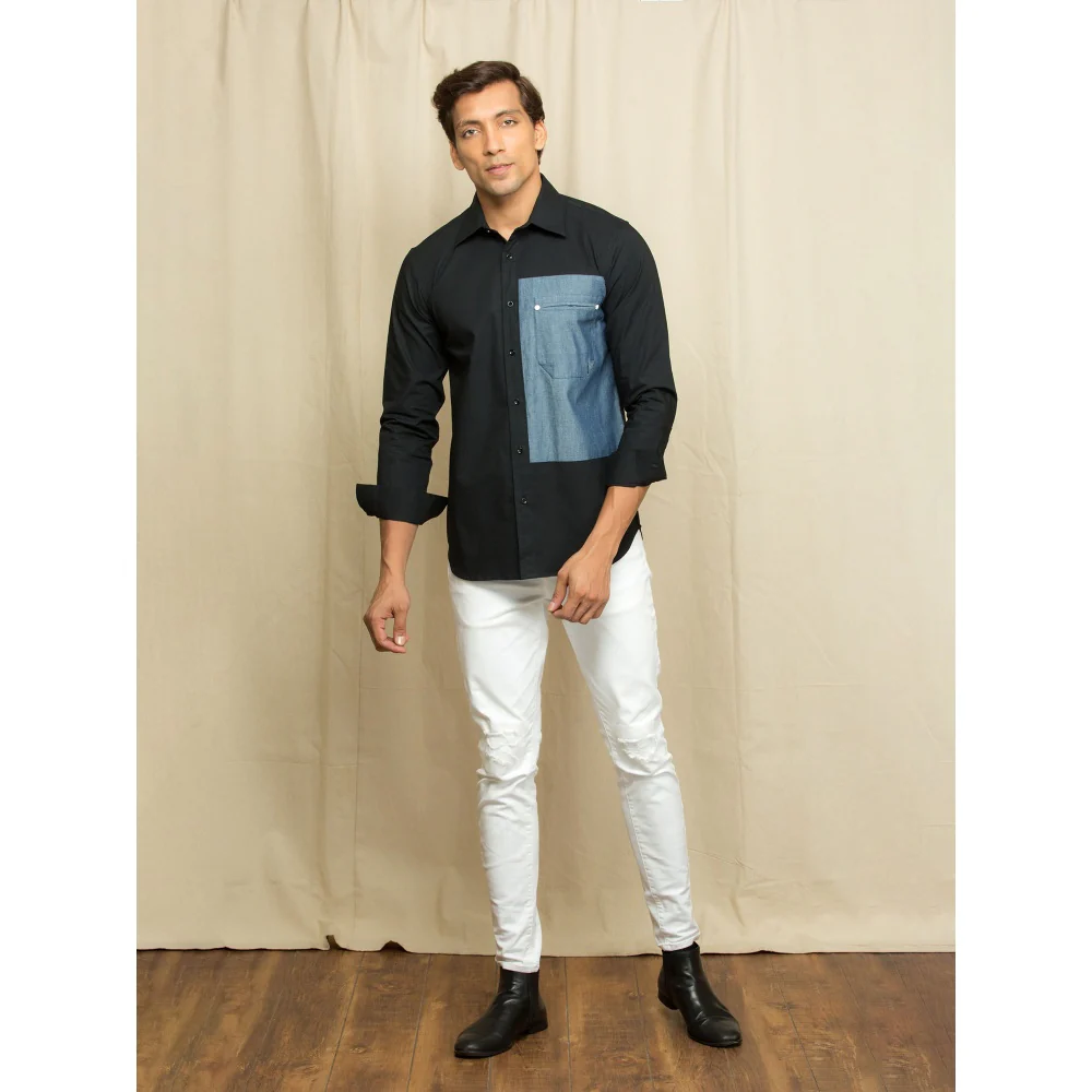 Echke Black Shirt with Rectangular Denim Patch with Denim Pocket - Image 2