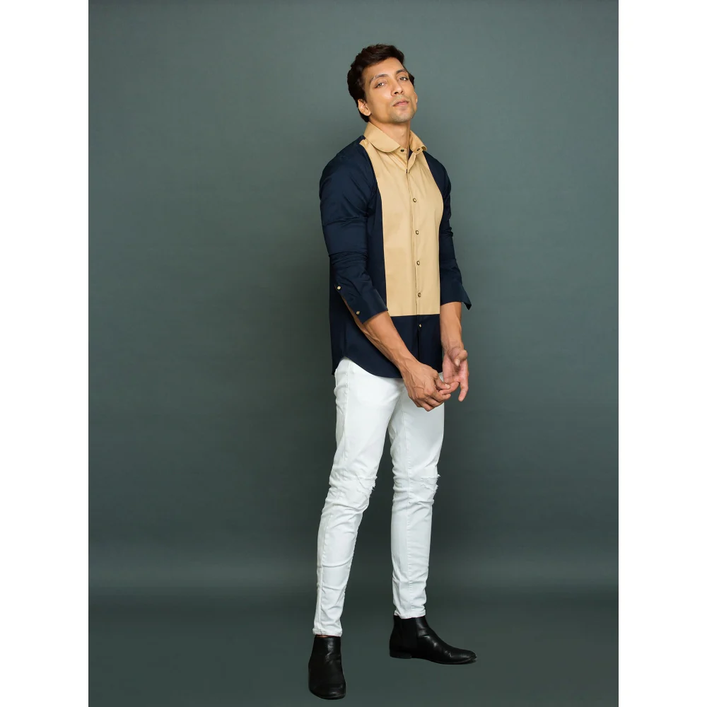 Echke Blue Shirt with Khakhi Long Front Patch and Rounded Collar - Image 3