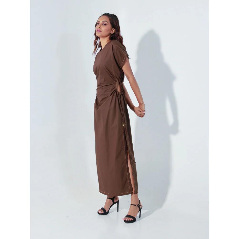 Echke Brown Long Dress with Raglan Sleeves Waist Cut-Outs and High Slits - Image 5