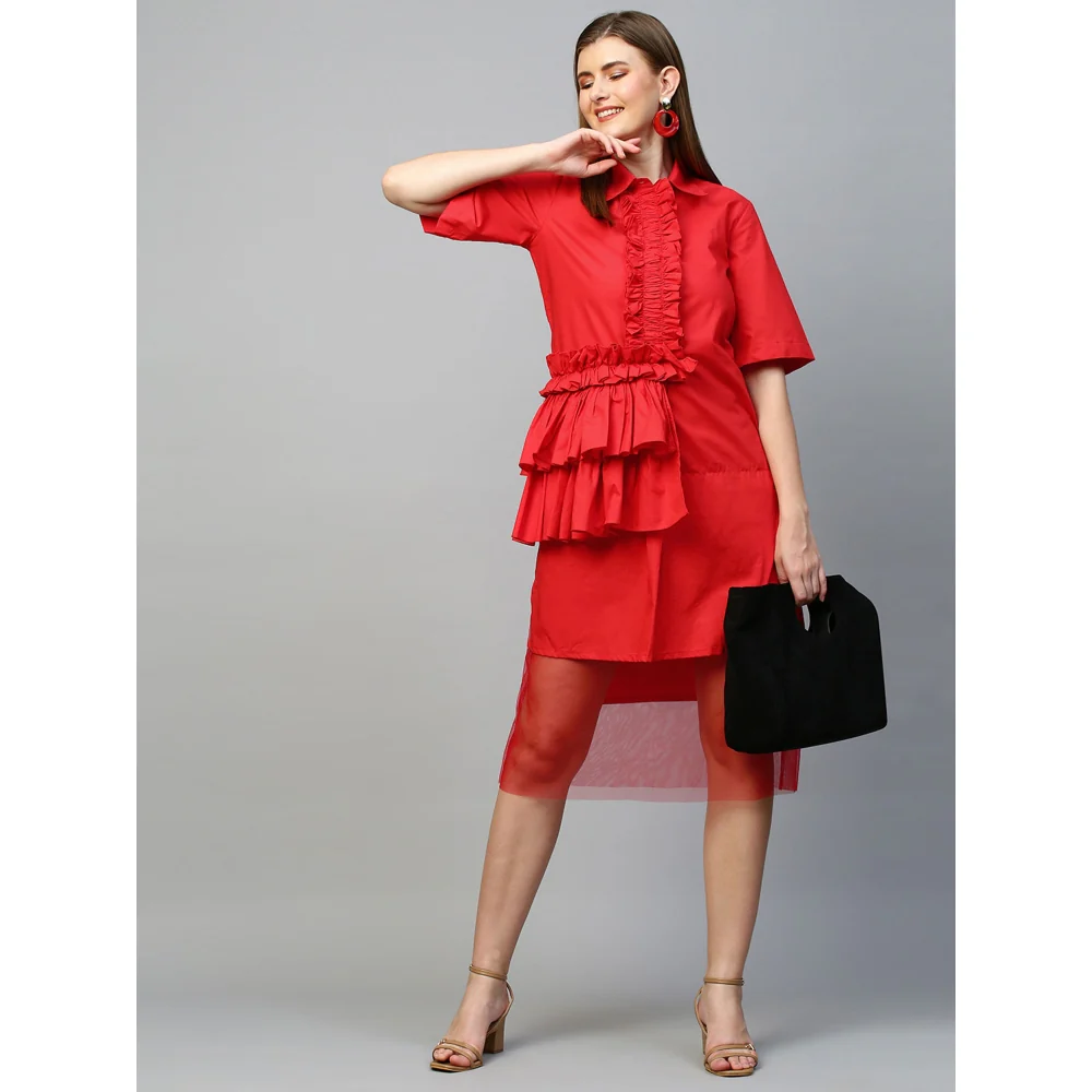 Echke Dress With Placket Ruffle and Net Bottom - Image 2