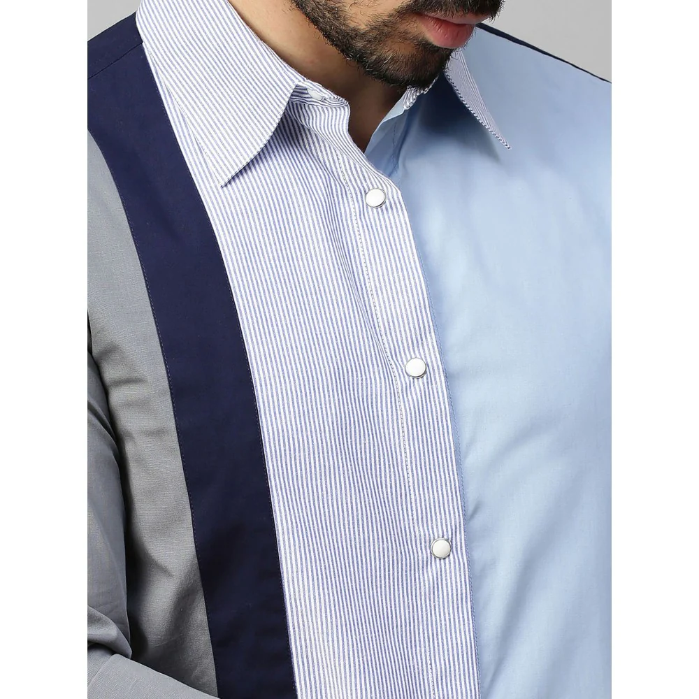 Echke Light Blue Shirt with Grey Dark Blue and Blue Stripes Panel on One Side - Image 7