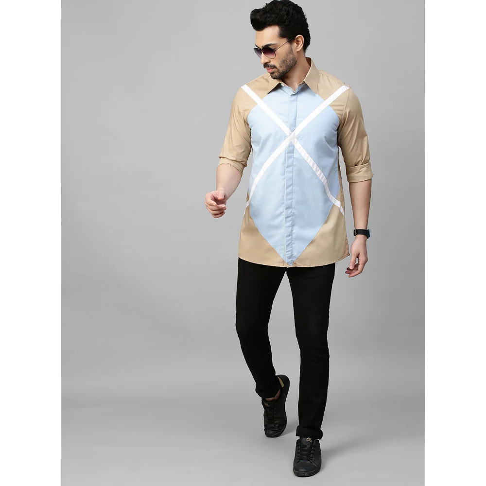 Echke Light Khaki Shirt with Light Blue and White Geometric Pattern - Image 5