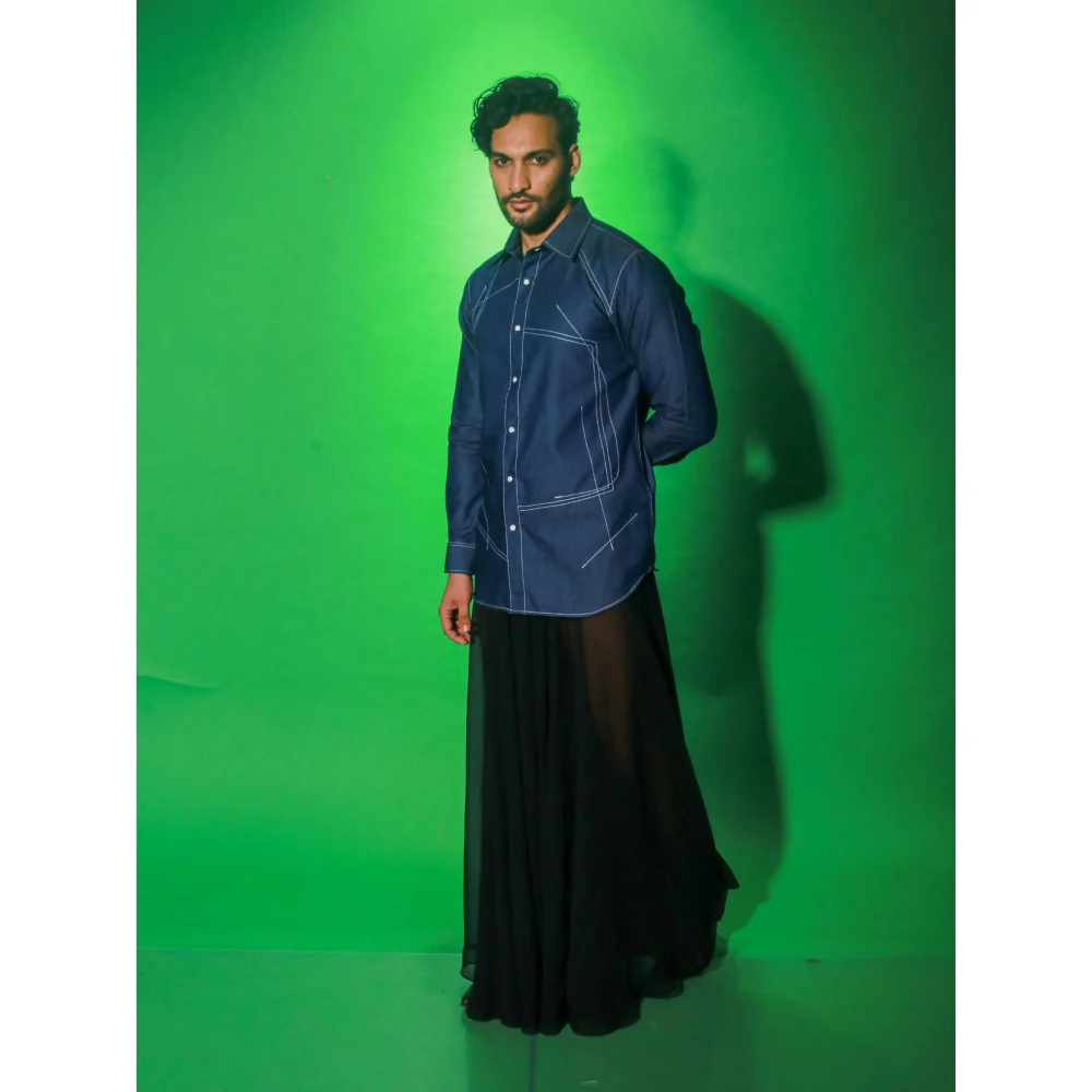 Echke Navy Blue Denim Solid Shirt - Image 2
