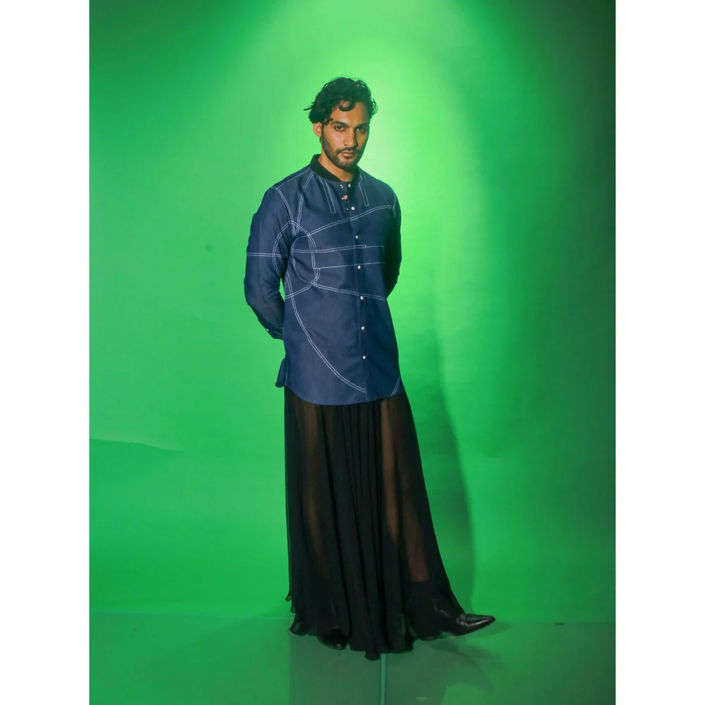 Echke Navy Blue Solid Denim Shirt - Image 2