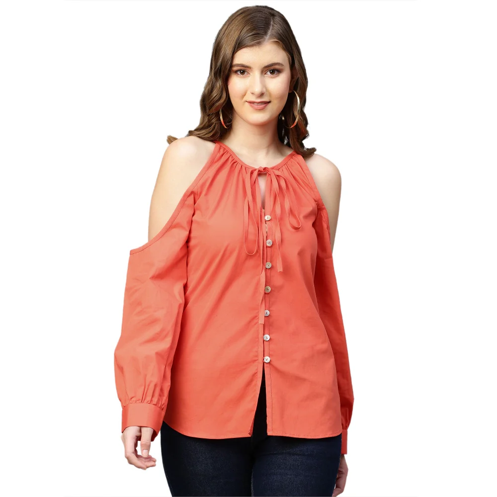 Echke Neck Tie-Up and Cold Shoulder Shirt - Image 2