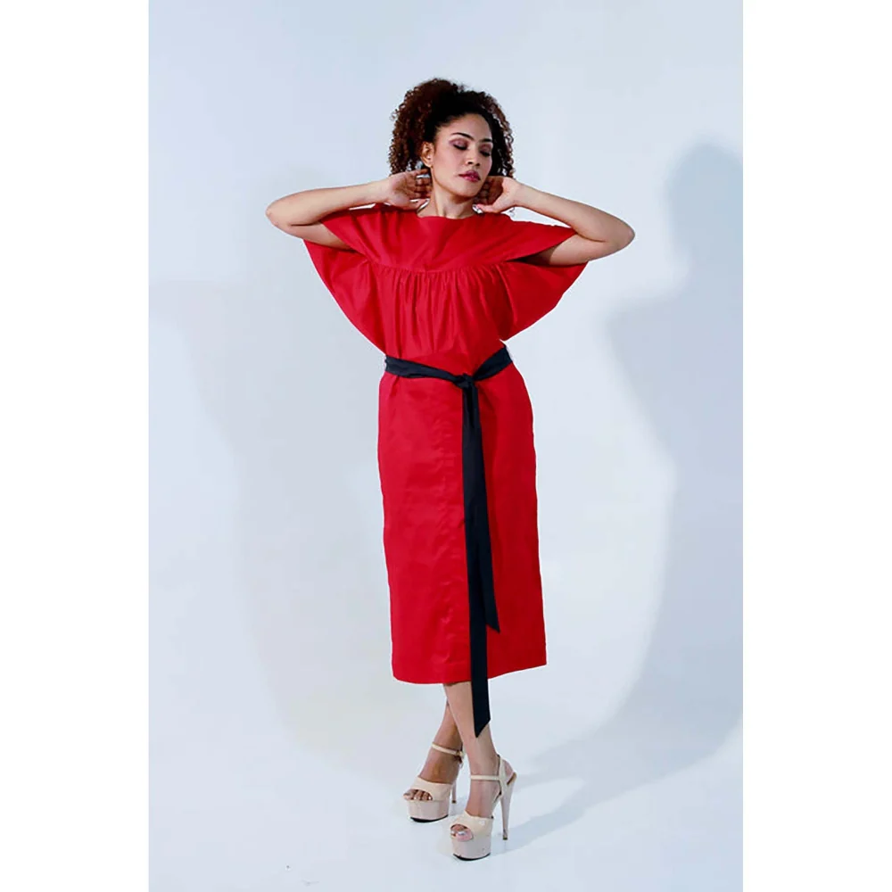 Echke Red And Charcoal Angular Sleeves Dress
