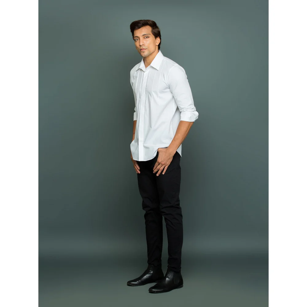 Echke White Classic Shirt with Front Self Pintucks