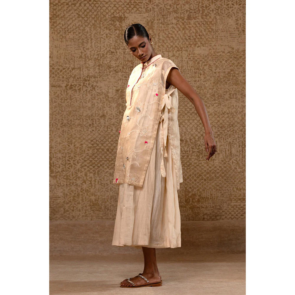 EEDA Taral Off White A Line Organza Applique Dress with Overlay - Image 5